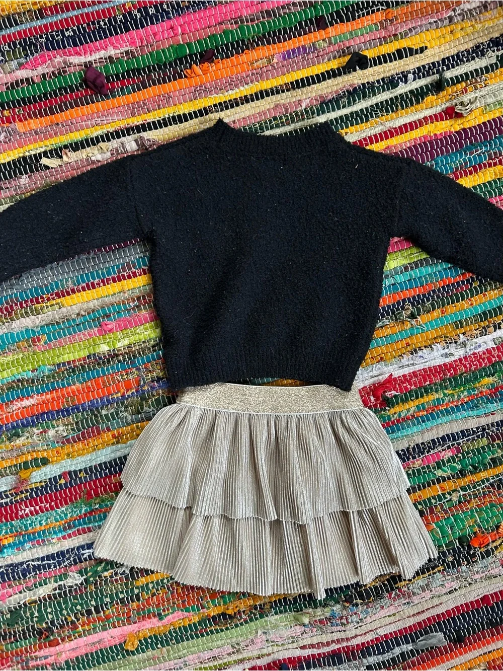 Cat & Jack Bow Sweater & Metallic Tiered Pleated Skirt Set 12 MOS